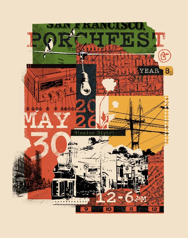 2026 SF Porchfest official poster artwork by Carlos Lewis and Noah Gould, Mission District