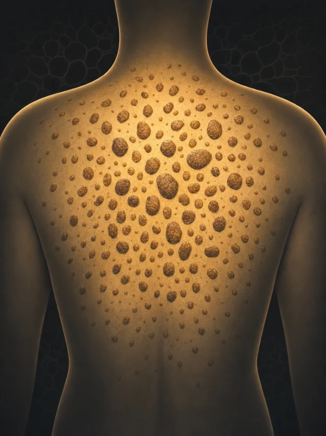 Editorial illustration of the Leser-Trélat sign — dense clusters of brown warty seborrheic keratoses covering the upper back, with amber glow suggesting sudden eruption