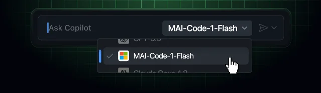 GitHub Copilot model picker showing MAI-Code-1-Flash selected in the dropdown