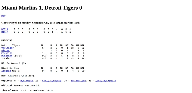 Bands of a box score: the line score showing no hits for Detroit, and the pitching lines, with Álvarez's nine hitless innings