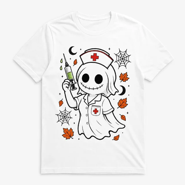 Spooky nurse t-shirt design concept — ghost nurse with syringe, Halloween motifs, white tee mockup