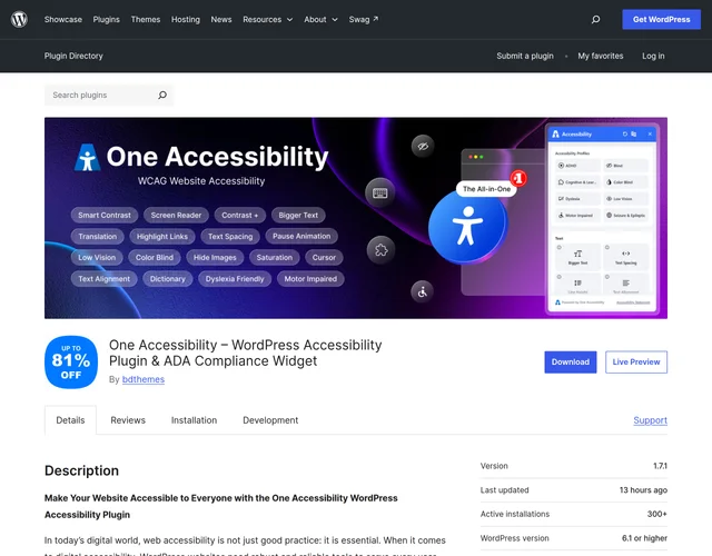 The One Accessibility page on WordPress.org, showing version 1.7.1, a last-updated stamp of 13 hours before capture, and 300+ active installations