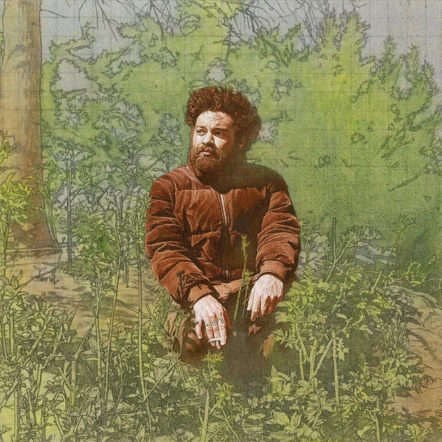 Wiki's Ancient History album cover: a bearded man in a brown jacket crouches in green foliage with a sketched illustrated background of trees