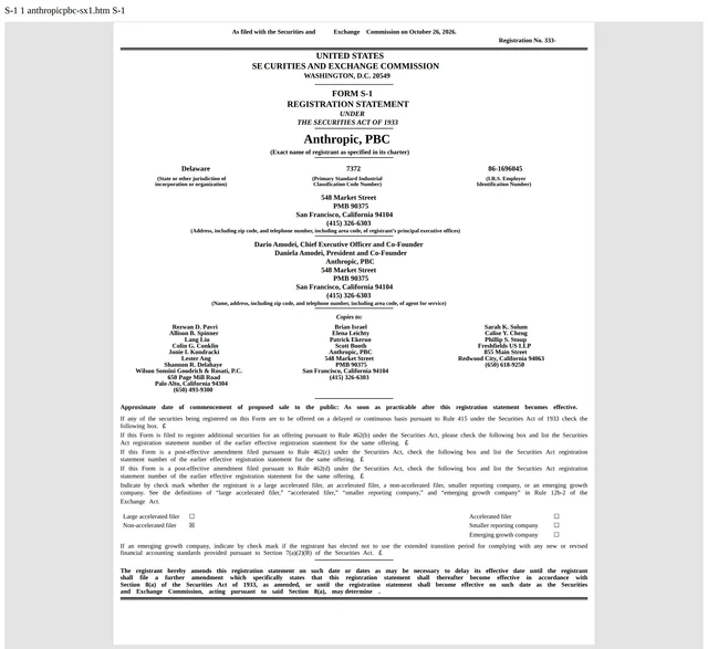 SEC 招股书首页:标题栏写有 Anthropic, PBC、特拉华州、SIC 7372,落款日期为 2026 年 10 月 26 日