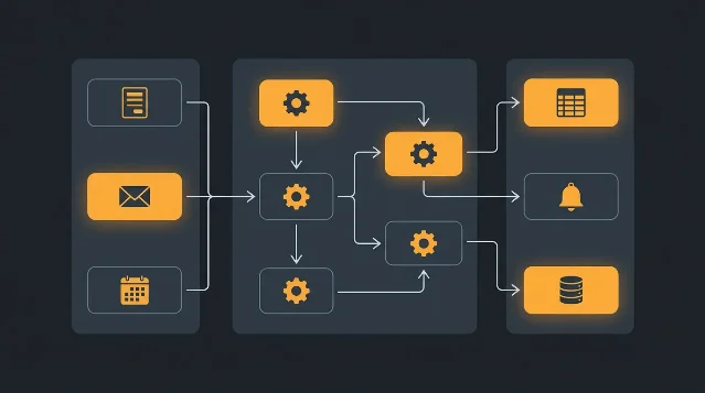 Workflow automation diagram showing input triggers (form, email, calendar) flowing through processing nodes to outputs (spreadsheet, notification, database)