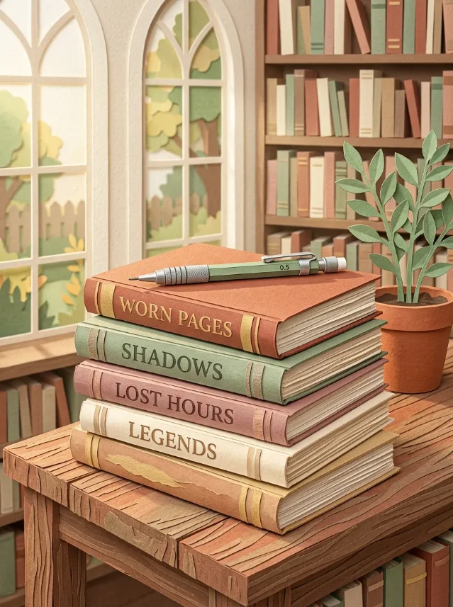 Open notebook with handwritten pencil notes and a cut-paper pressed leaf bookmark, library shelves visible behind