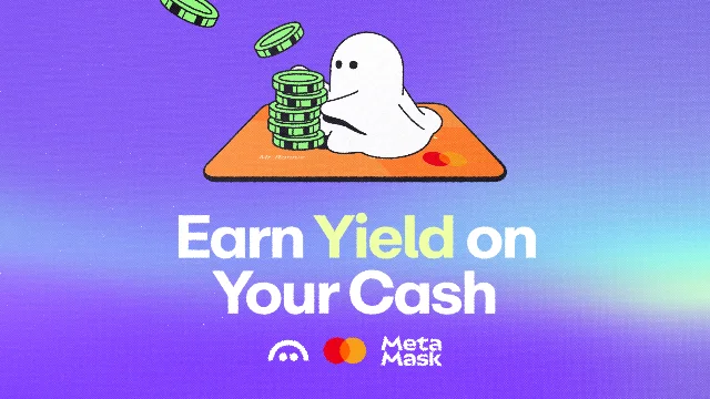Aave x MetaMask x Mastercard partnership banner — ghost mascot on orange card with stacked coins and "Earn Yield on Your Cash" headline
