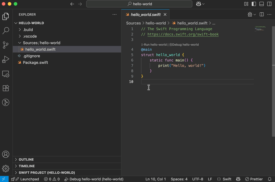 VS Code debugger paused at a breakpoint inside a Swift hello-world program, showing the debug toolbar and variables panel