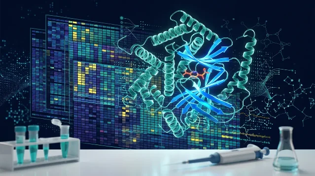 Protein structure ribbons (alpha-helices and beta-sheets) in teal and blue overlaid on a genomic heatmap grid, lab equipment in foreground, dark navy background