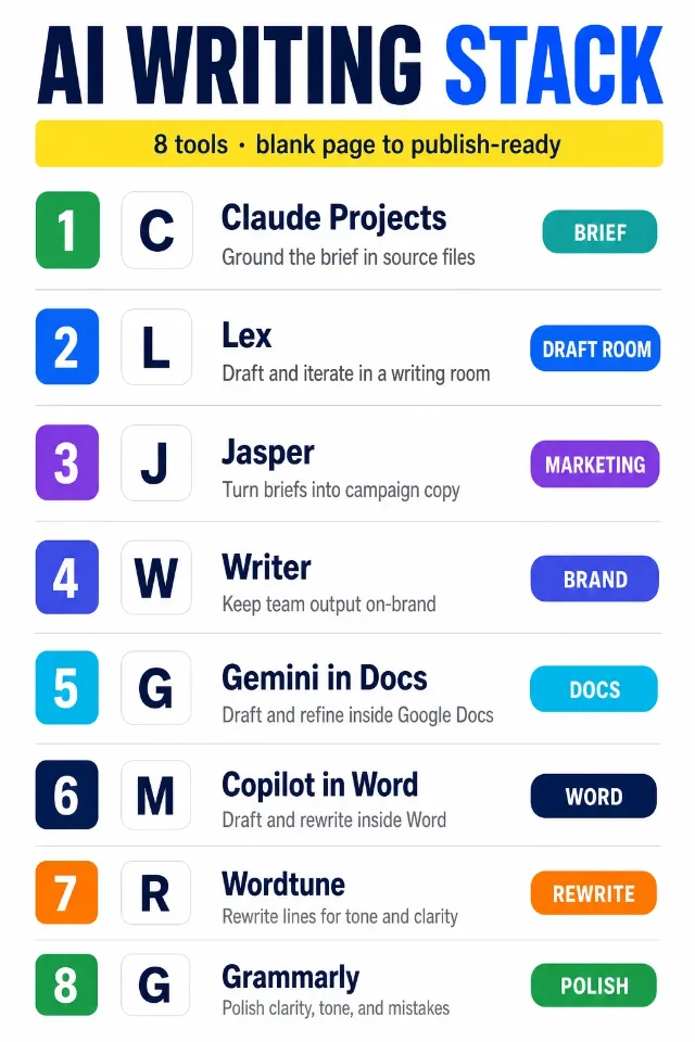 Eight-tool AI writing stack from blank page to publish-ready draft