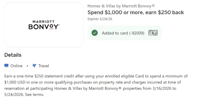 Homes & Villas by Marriott Amex Offer screen showing $250 back on $1,000+, expiry 5/24/26