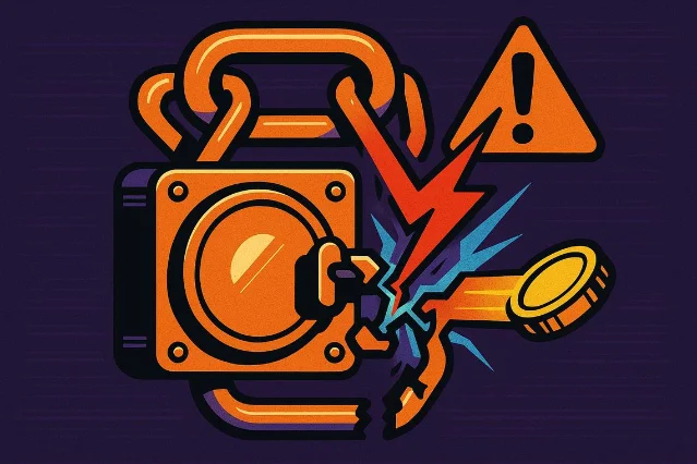 Orange and purple illustration of a crypto padlock being broken open, with warning symbols — representing the Taiko bridge exploit