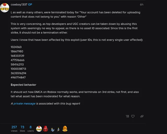 The first post of the false-termination bug report, listing eight affected user IDs and the wording of the notice