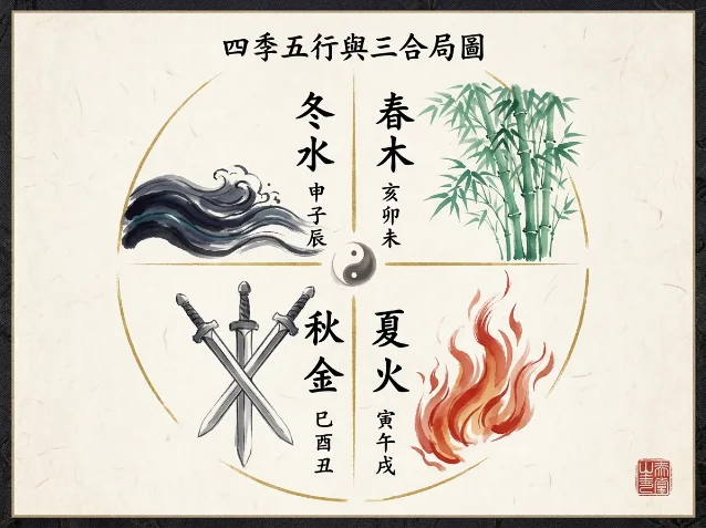 四季五行与三会局示意圆图