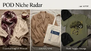 POD Niche Radar — Frazzled English Woman, Literary Chic, Punk Veggie Grunge, June 14, 2026