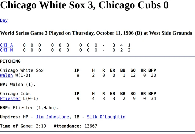 Two bands of a box score on white: the game heading with the nine-inning line score, and the pitching lines for both starters above the umpires, time of game and attendance.