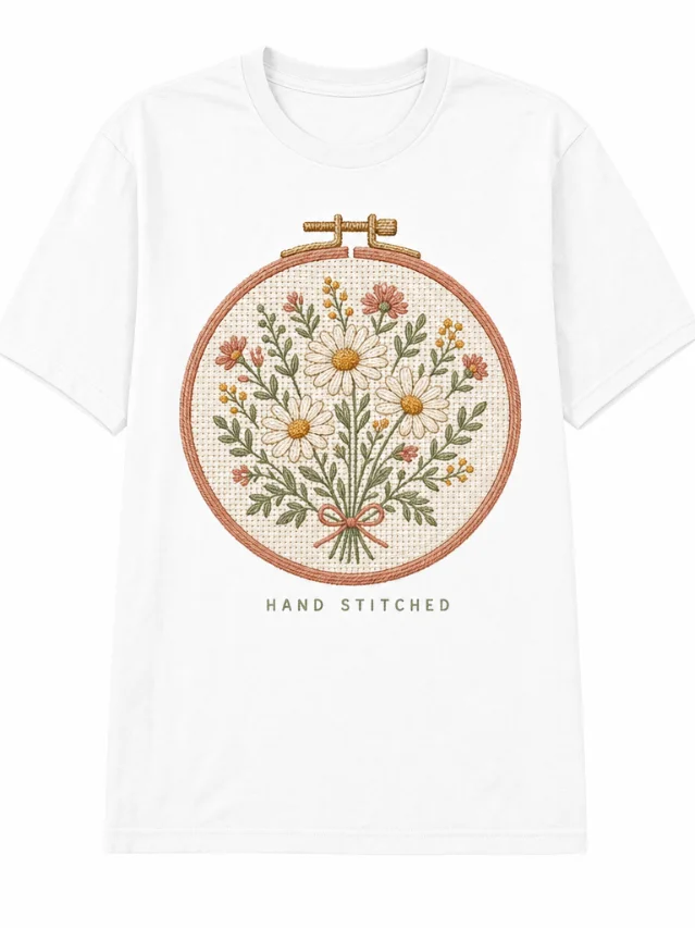 Soft Stitch Era tee concept — embroidery hoop floral, "HAND STITCHED" label, sage and terracotta thread