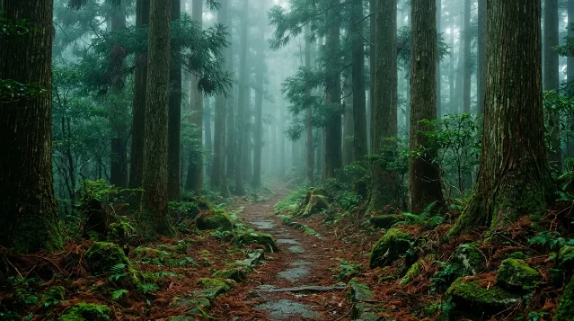 Misty Japanese cedar forest path — tall sugi trees, morning fog filtering through canopy, fallen needles on mossy ground, a narrow stone trail fading into the distance