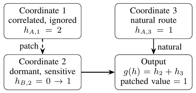 Two boxes on top, coordinate 1 correlated and ignored and coordinate 3 the natural route, with an arrow labelled patch down to a dormant sensitive coordinate 2 and an arrow labelled natural down to an output box.