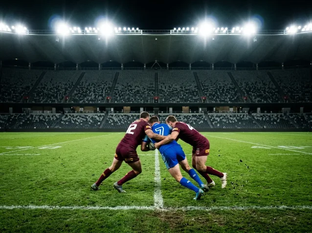 A NSW Blues player in royal blue rugby league jersey being tackled by two Queensland Maroons players in maroon under brilliant stadium floodlights at night