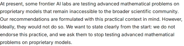 顾问组建议的开头一段,末句是 we do not endorse this practice, and we ask them to stop testing advanced mathematical problems on proprietary models.
