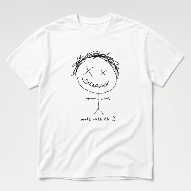 AI-generated scribblification t-shirt design concept — deliberate MS Paint style stick figure, white tee mockup