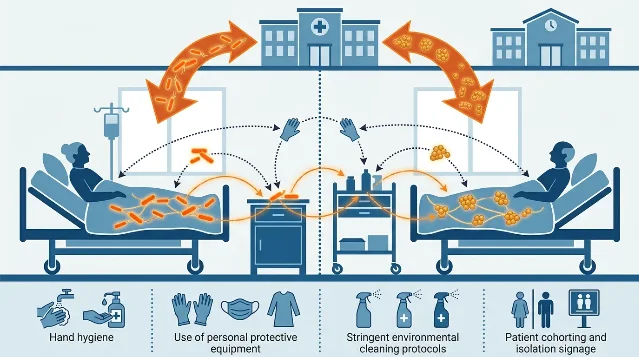 Illustration of MDRO cross-facility transmission between nursing home patients via skin colonization, shared equipment, and healthcare worker contact (AI-generated illustration)
