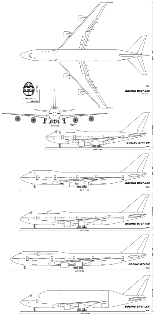 Boeing 747 variant family: side-view scale comparison of SP, -100, -400, -8, and LCF variants