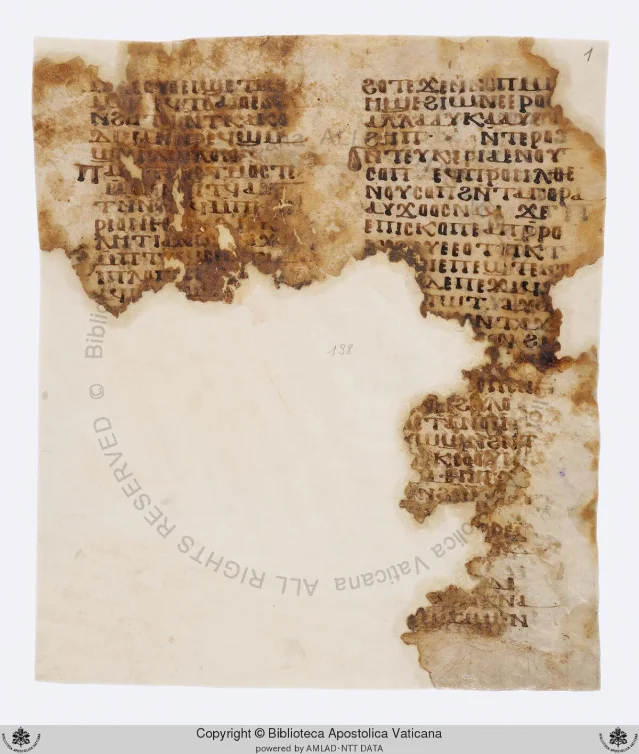 Folio 1 recto of Borg.copt.109.cass.XXVII.fasc.138 under fluorescence imaging — showing Sahidic Coptic text in two columns with bold dark letterforms on aged parchment, and a dramatic large lacuna in the lower-left quadrant where the parchment has been entirely lost