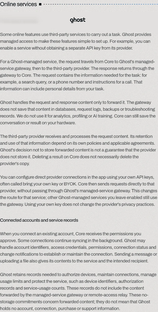 Ghost 隐私政策 Online services 一节原文