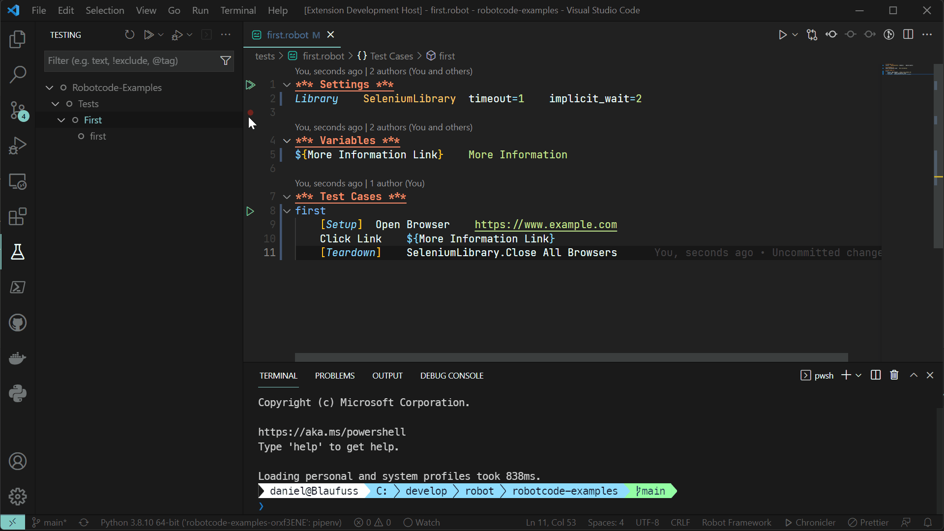 VS Code Testing panel showing RobotCode's test discovery — the "first.robot" file with a First suite and first test case loaded, alongside a SeleniumLibrary test with Setup and Teardown