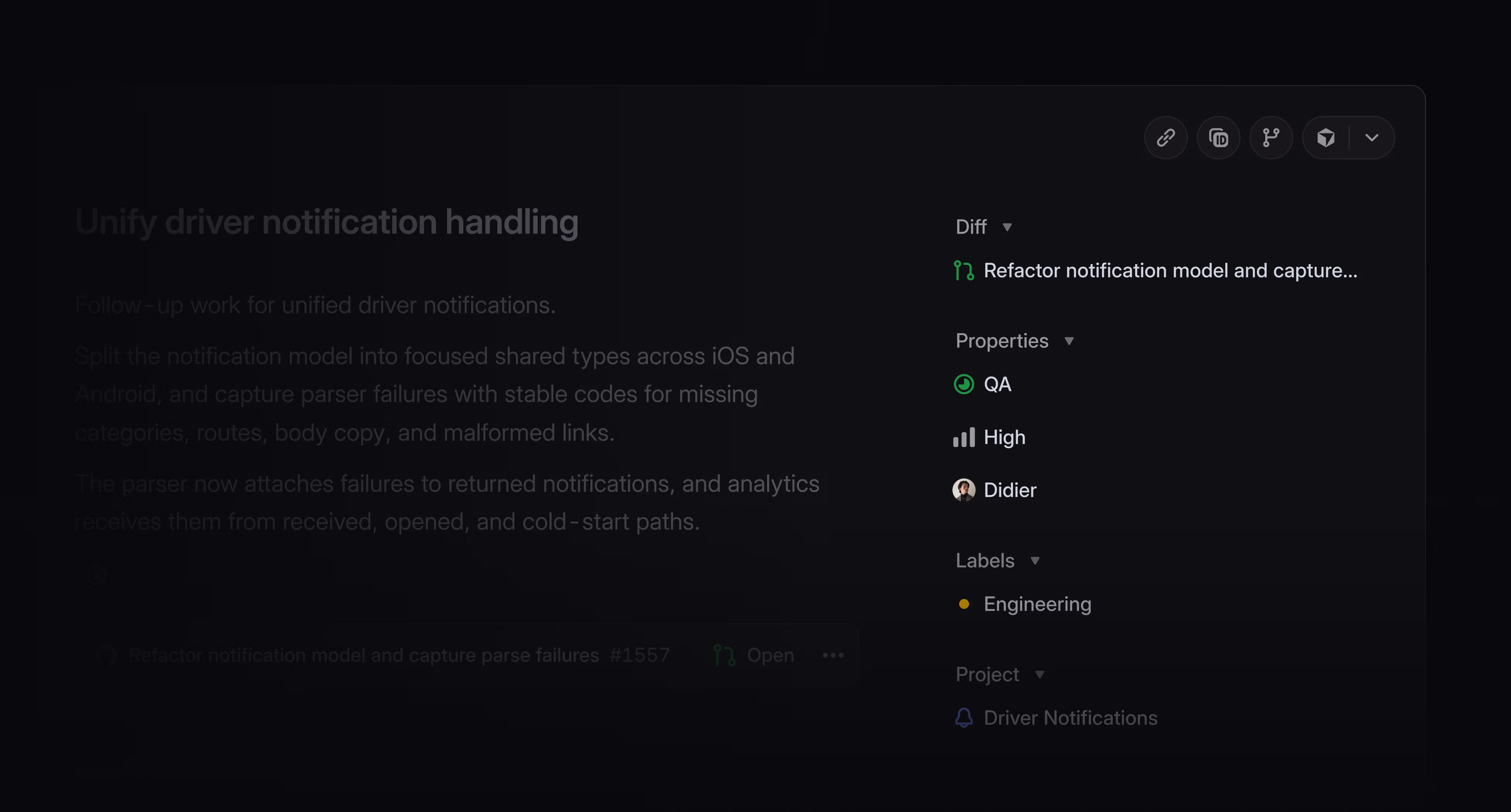 The diff view embedded in the Linear product context — visible alongside issues, projects, and team signals