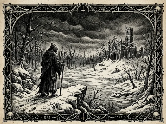 A hooded figure stands before a snow-buried ruined chapel in a winter wasteland, bare dead trees surrounding, gothic ornamental border, black and white ink etching style