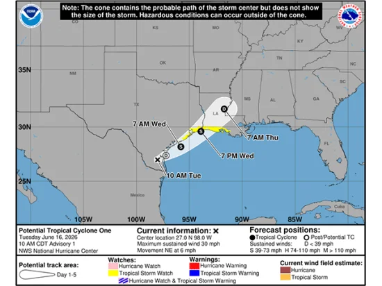 NHC 5-day forecast cone — Potential Tropical Cyclone One, June 16, 2026 10 AM CDT Advisory 1