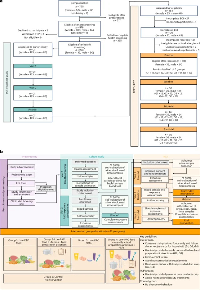 PERTH Trial CONSORT flow diagram and study design. Panel a shows participant flow from cohort screening to RCT randomization. Panel b shows the five intervention groups (G1–G5) and the urine/biomarker sampling timepoints.