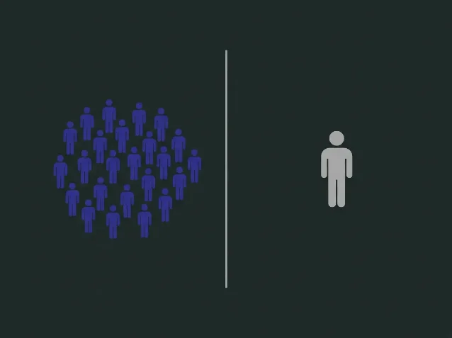 Crowd of indigo forecaster figures on the left, separated by a silver line from a single grey expert figure on the right — the crowd median vs. named individual forecasters