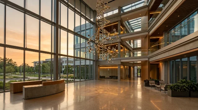Modern pharmaceutical research facility lobby at golden hour, glass atrium with DNA molecular sculpture, no text or signage visible