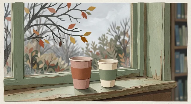 Two paper cups on a library windowsill, cut-paper tree branches outside the grey afternoon glass