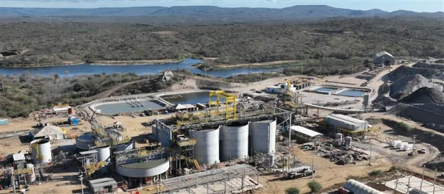 Borborema gold mine, Rio Grande do Norte, Brazil — aerial view of processing circuit