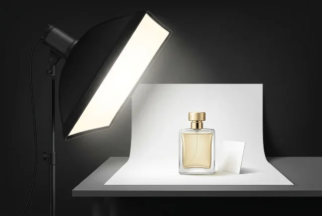 Softbox modifier positioned at 45 degrees illuminating a perfume bottle — soft wrap light, clean shadow edges, commercial product photography