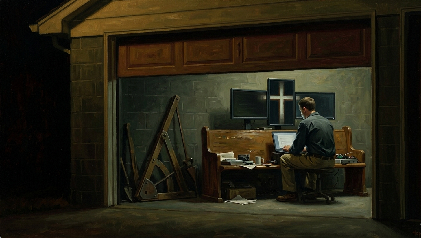 Painting of a man working at a computer in an open garage — evoking the Silicon Valley garage-startup myth