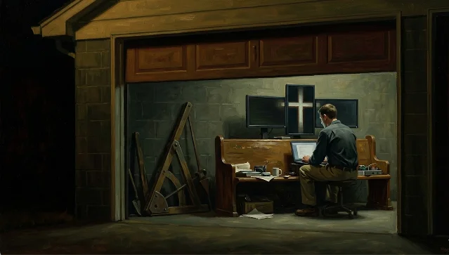 Painting of a man working at a computer in an open garage — evoking the Silicon Valley garage-startup myth
