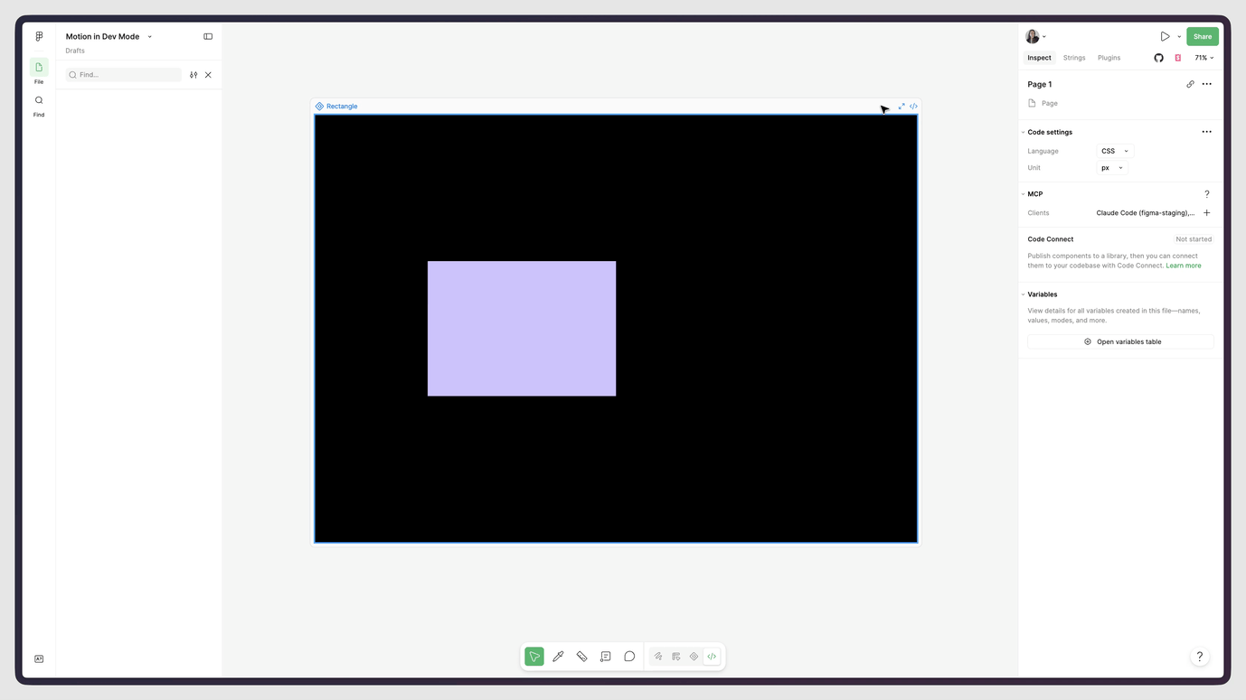 Figma Dev Mode with Motion — black canvas with purple rectangle selected, right-side Inspect panel showing CSS language setting, MCP section (Claude Code client listed), Code Connect, and Variables