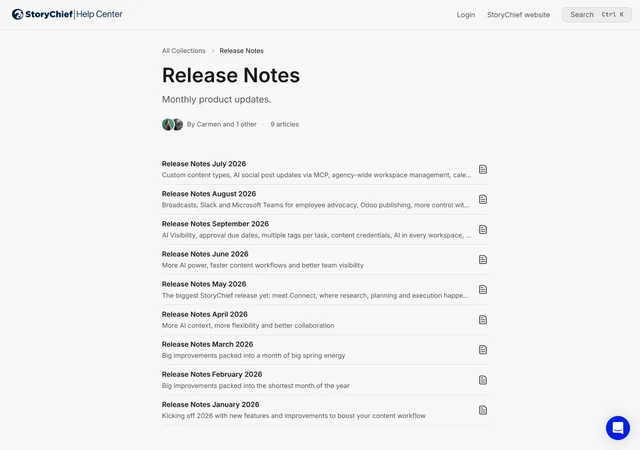 The StoryChief release-notes index, listing nine monthly entries from January through September 2026