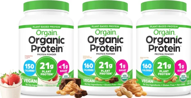 Three flavors of Orgain Organic Protein plant-based powder on white background, labels showing 21g plant protein, 1g sugar