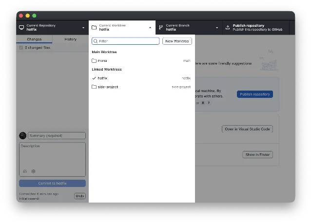 GitHub Desktop showing the Current Worktree menu with multiple worktrees and a New Worktree button