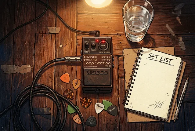 Top-down view of a BOSS loop pedal on a wooden stage floor — scattered guitar picks, a blank notebook labeled as a set list, and a glass of water, under a warm tungsten spotlight