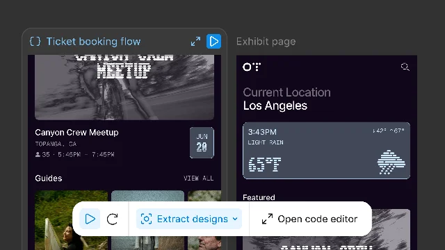 Extract designs flow showing two mobile mockups generated from a code layer