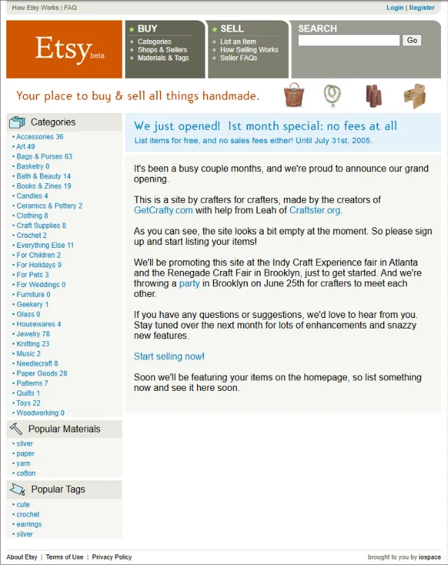 Etsy's first homepage, June 2005, with the tagline 'Your place to buy & sell all things handmade'