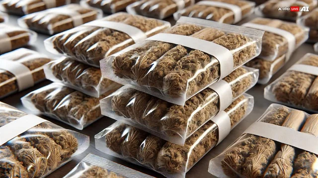 Rows of vacuum-sealed compressed cannabis bricks stacked on a flat surface, ABP Live AI label visible in top-right corner